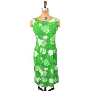 Vintage 1960s Roses Dress Bright Green Floral Print Shift | W 30"